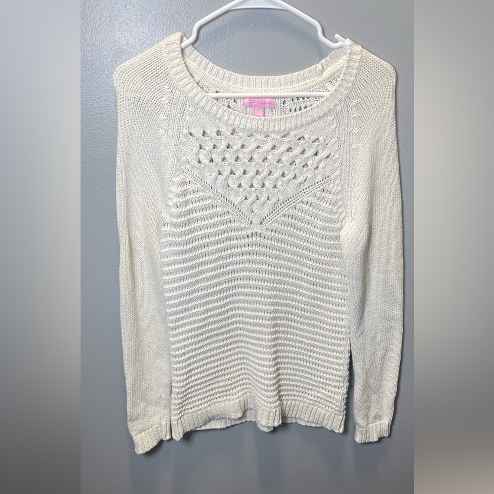 Lilly Pulitzer Women's Chunky Knit Long Sleeve Cream Crew Neck Sweater‎ SZ Large